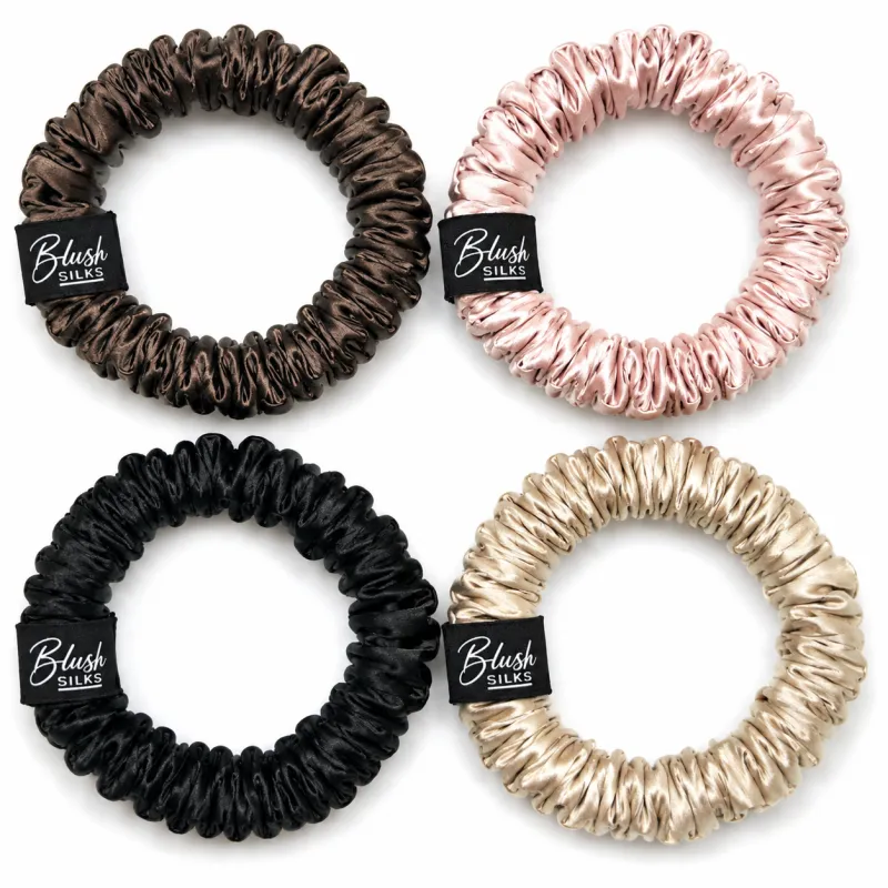 Micro Mulberry Silk Scrunchie 4‑Piece Set – Luxury Thin Mini Silk Hair Ties | Blush Silks Canada made by Blush Silks