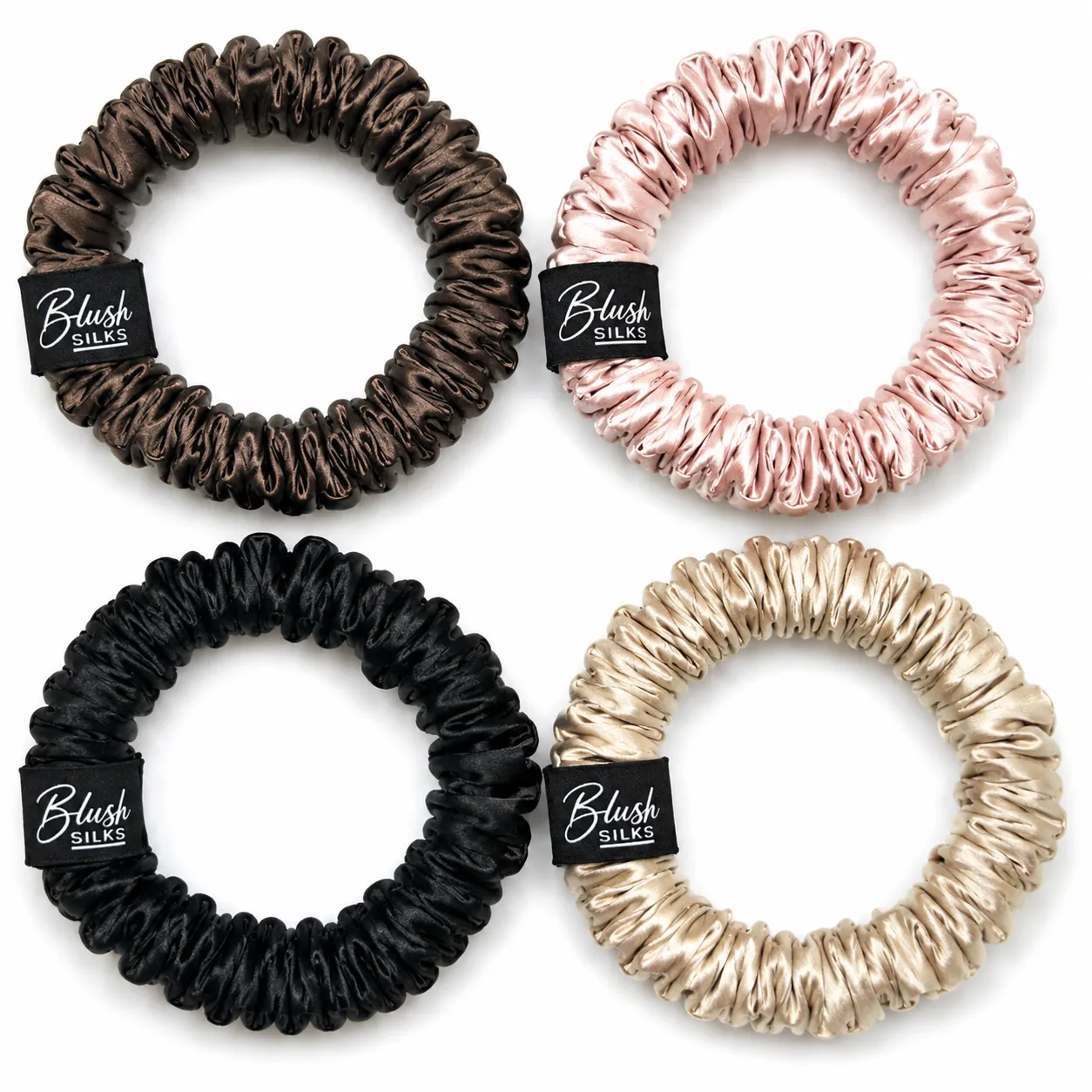 Micro Mulberry Silk Scrunchie 4‑Piece Set – Luxury Thin Mini Silk Hair Ties | Blush Silks Canada sold by Blush Silks