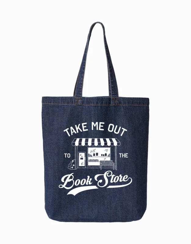 Take Me Out to the Bookstore Denim Tote made by Social Goods