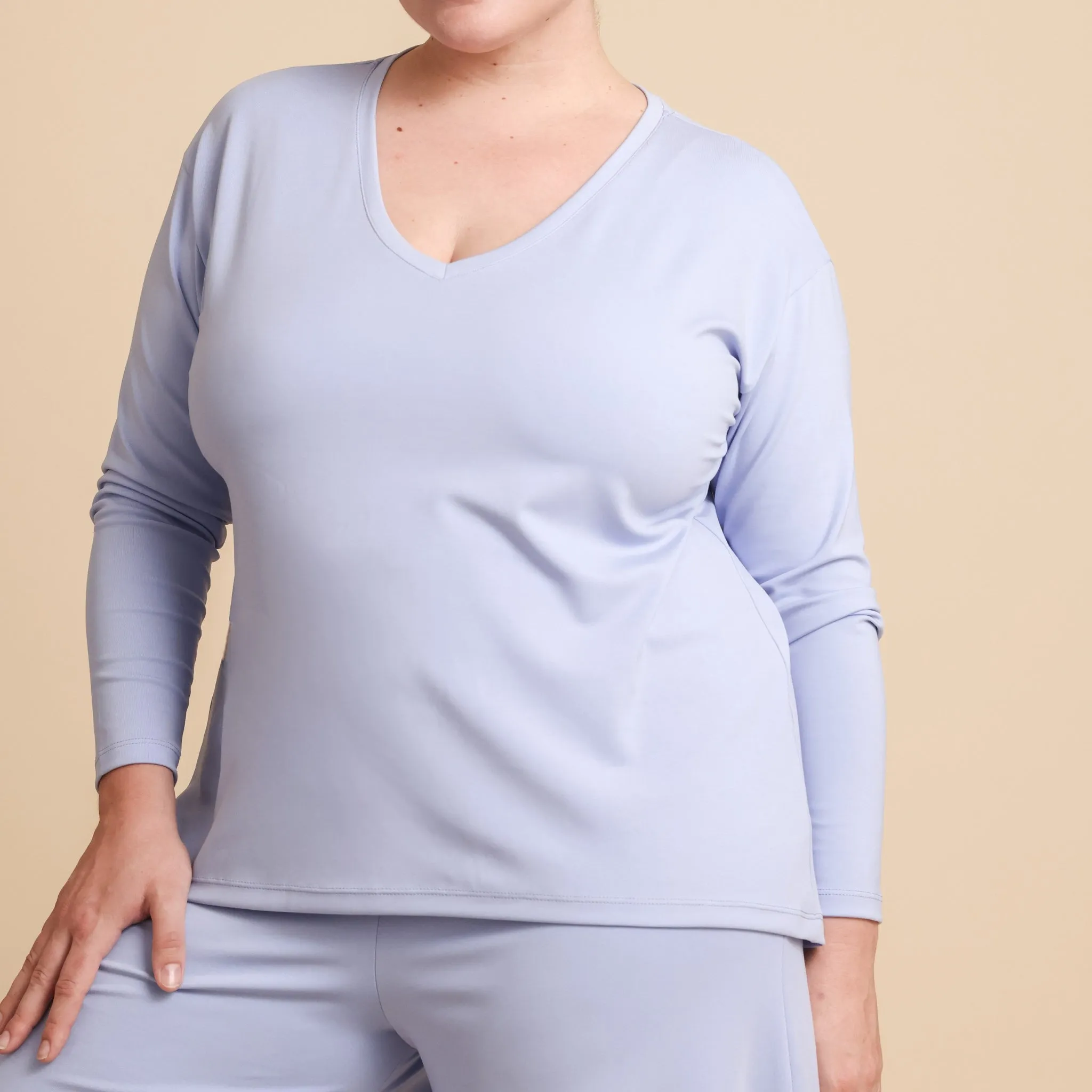 Floaty Long Sleeve Pajama Tee - The Knit V-Neck sold by A DOMANI product image thumbnail 4
