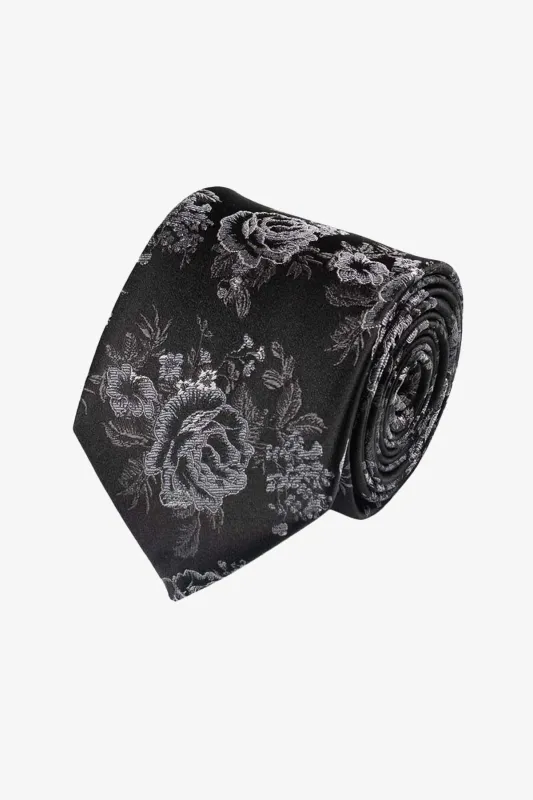 Tie - Silk black grey flowers sold by Anthony Squires