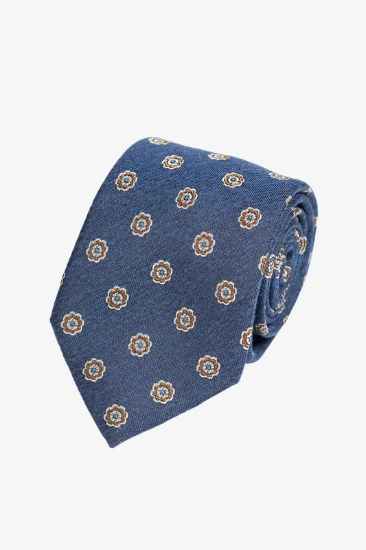 Tie - Silk mid blue floral design sold by Anthony Squires