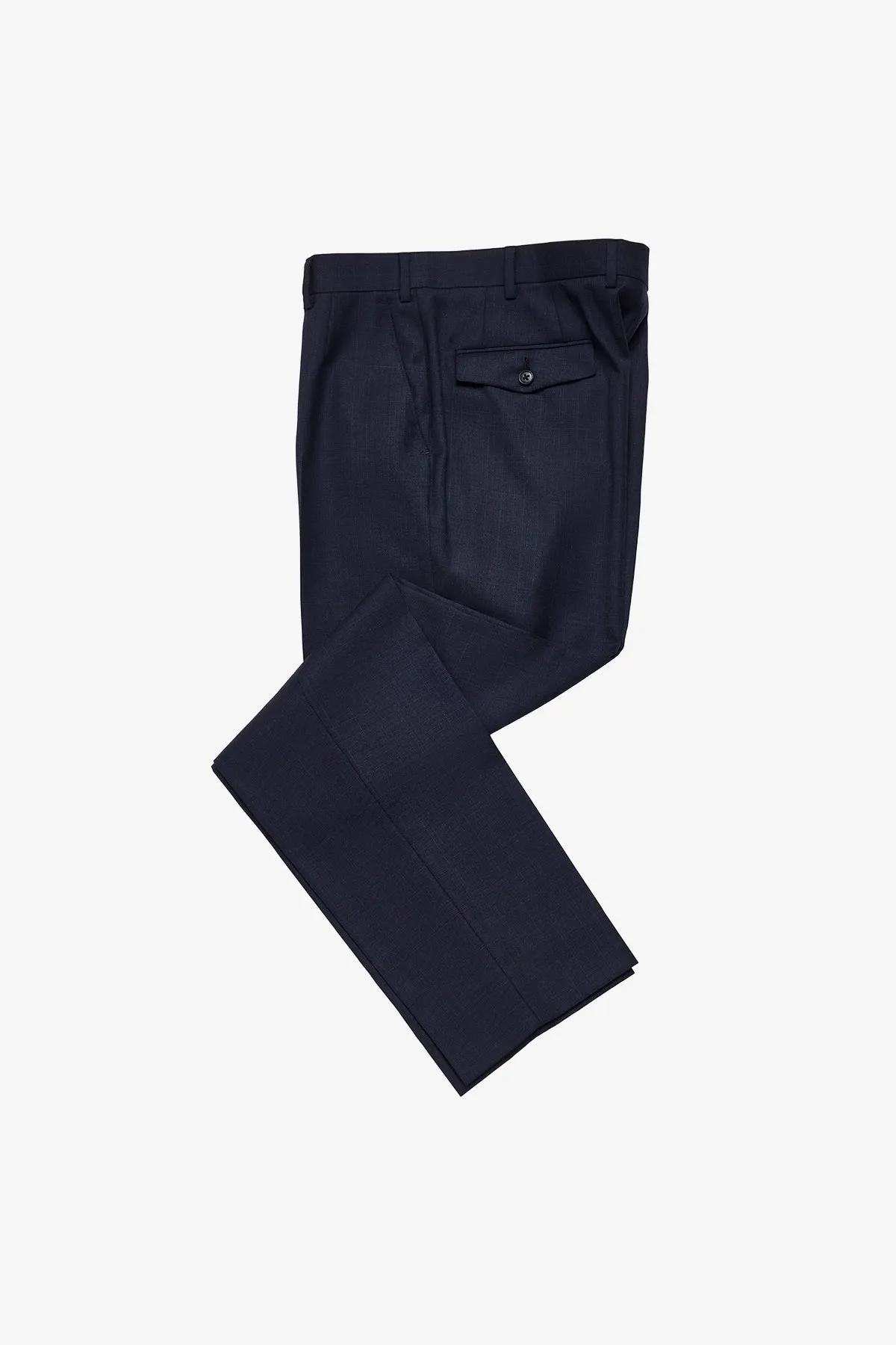 Slack trouser - Navy mulitcheck in pure wool, super 110's sold by Anthony Squires