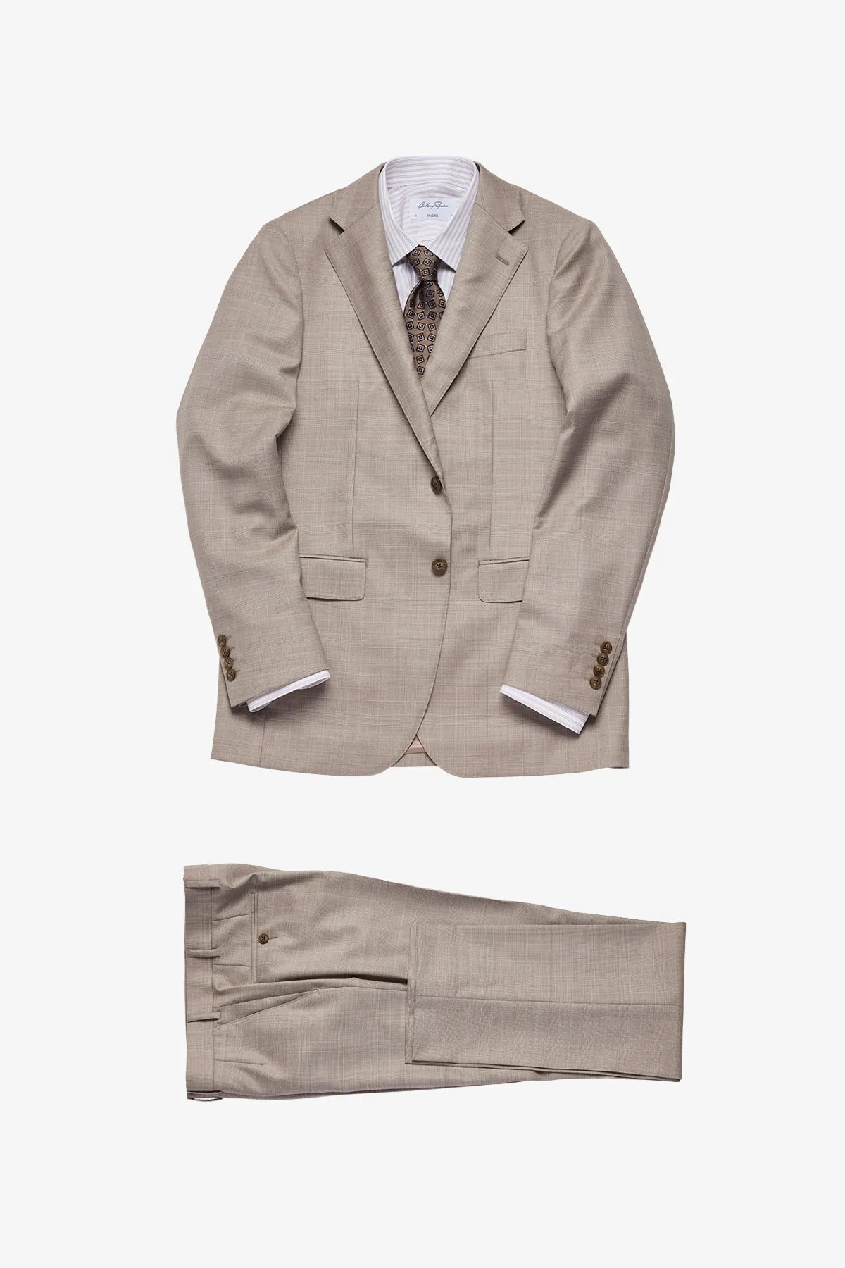 Mateo suit - Fawn tonal Prince of Wales check, in pure wool, super 110's sold by Anthony Squires