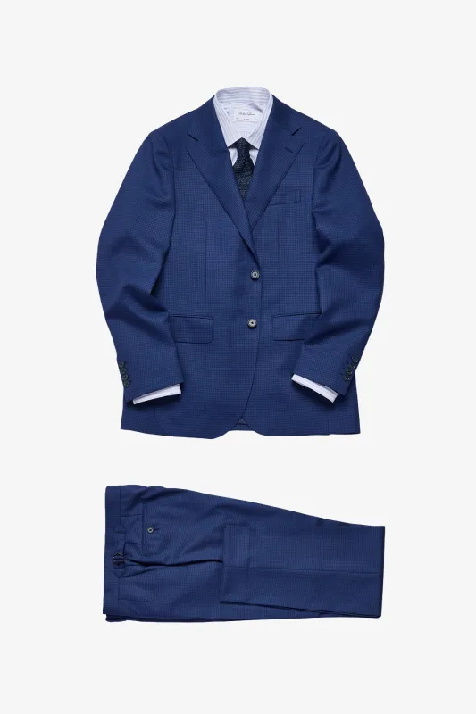 Stokes suit - Mid blue micro houndstooth, in pure wool, super 110's sold by Anthony Squires