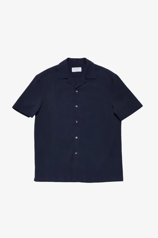 Navy seersucker S/S shirt sold by Anthony Squires