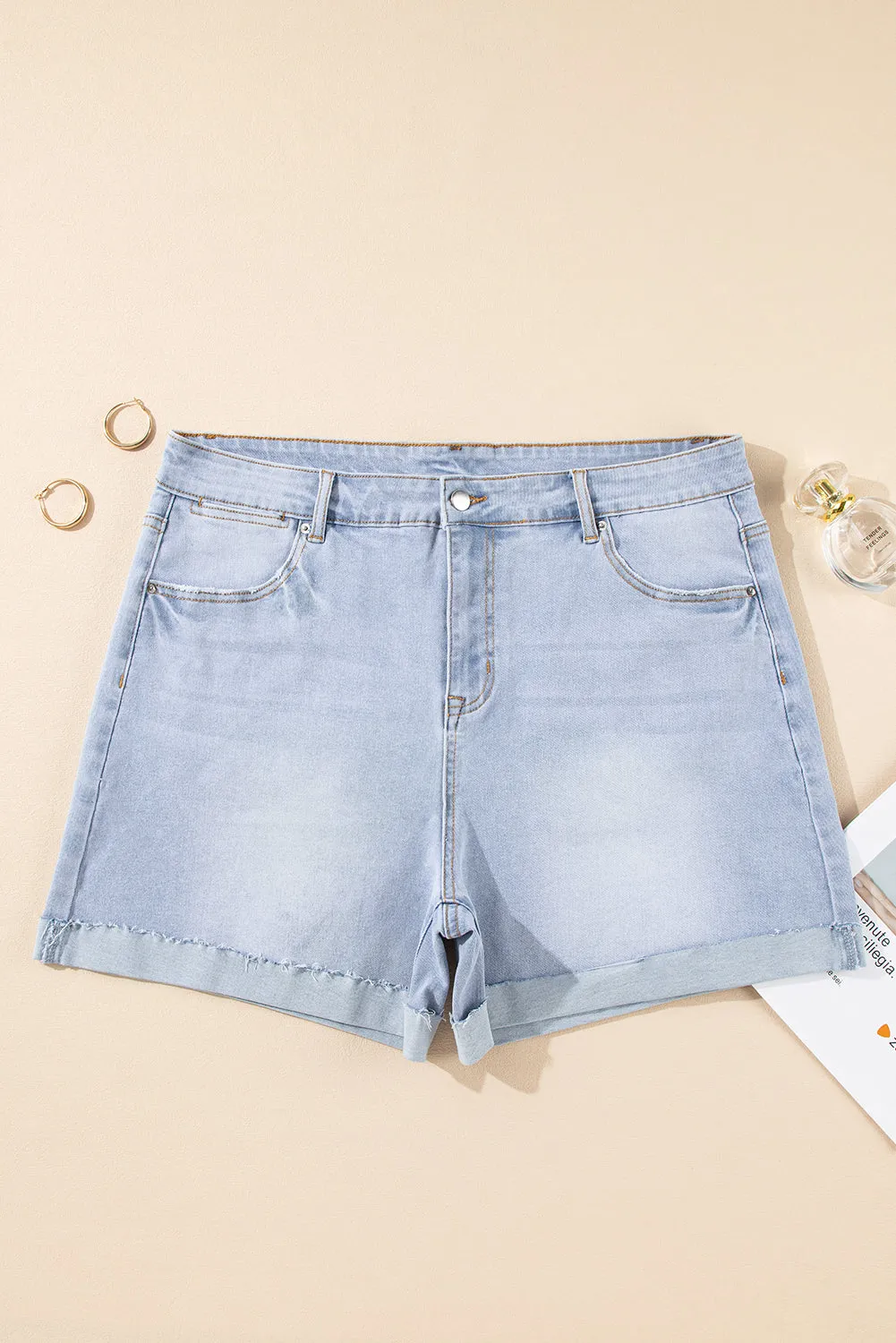 Beau Blue Folded Edge High Waist Plus Size Denim Shorts sold by Beagle Boutique product image thumbnail 3