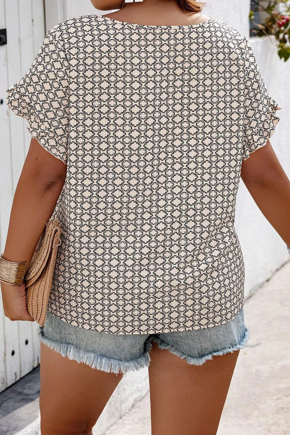 Khaki Plus Size Geometric Print Ruffled Sleeve Blouse sold by Beagle Boutique product image thumbnail 2
