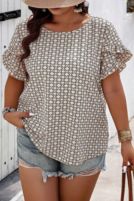 Khaki Plus Size Geometric Print Ruffled Sleeve Blouse sold by Beagle Boutique