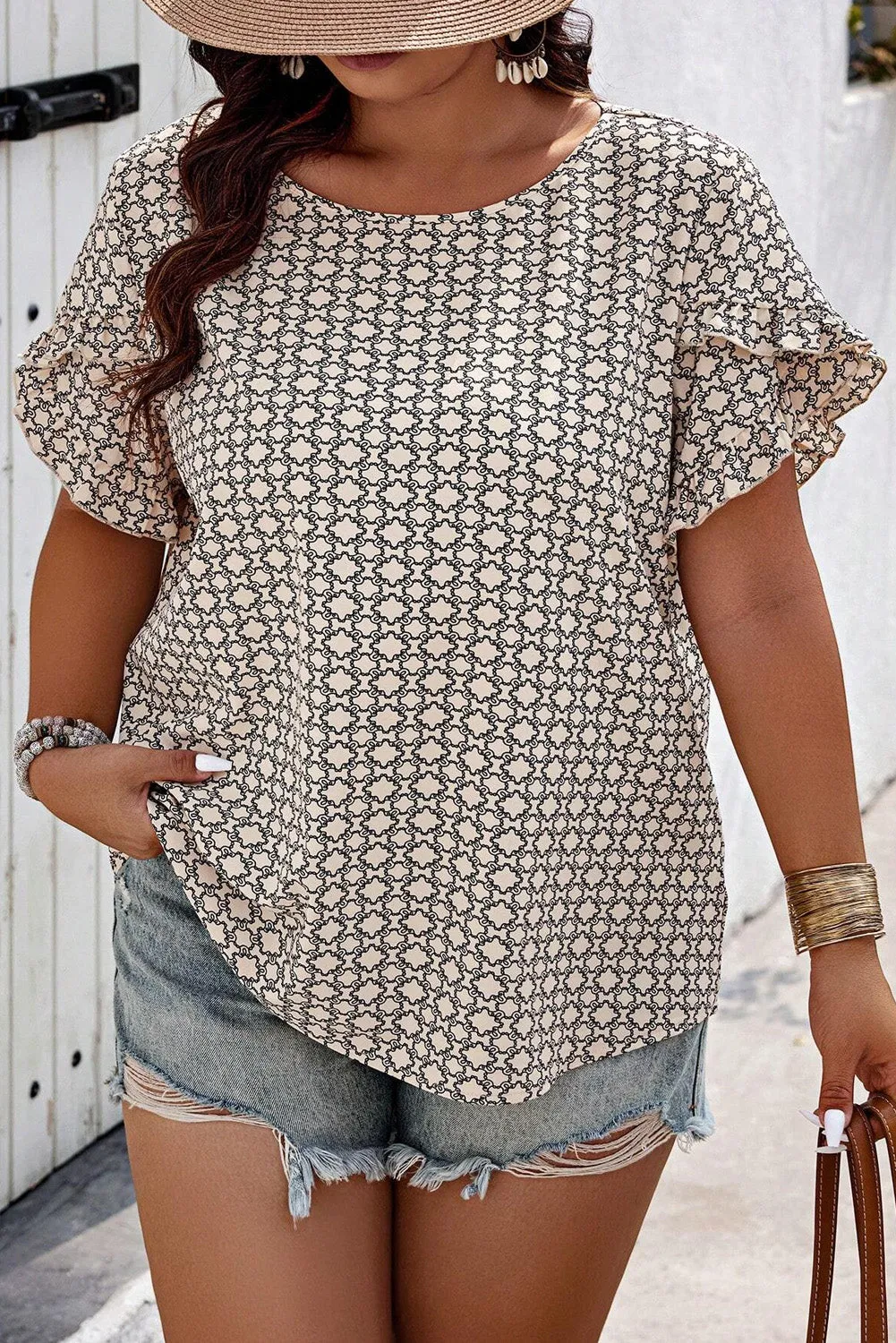 Khaki Plus Size Geometric Print Ruffled Sleeve Blouse sold by Beagle Boutique