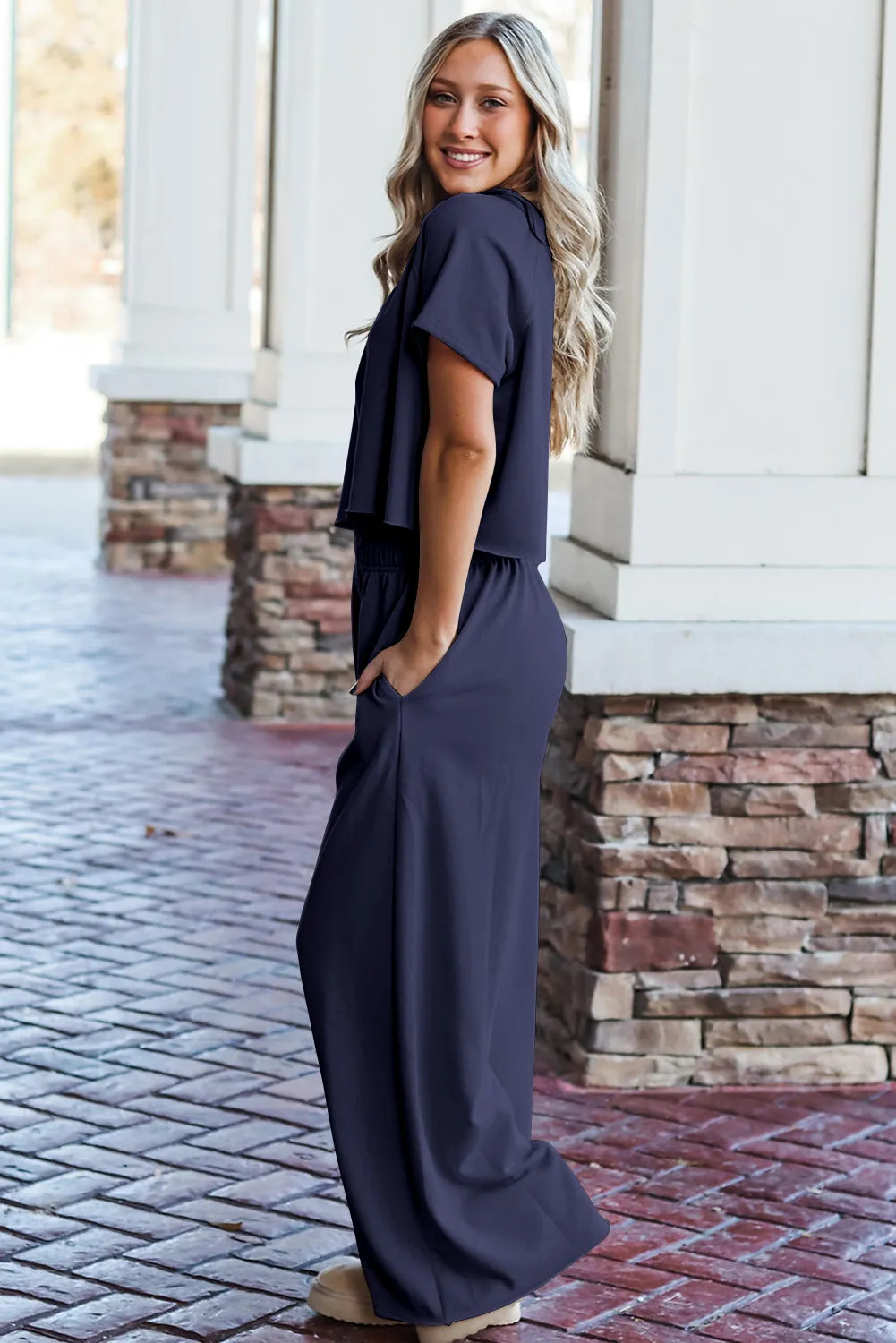 Navy Blue Raw Hem Loose Tee and Wide Leg Trousers Set sold by Beagle Boutique product image thumbnail 3