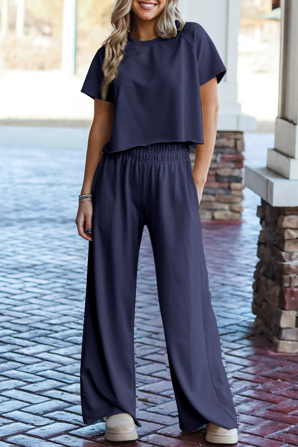 Navy Blue Raw Hem Loose Tee and Wide Leg Trousers Set sold by Beagle Boutique