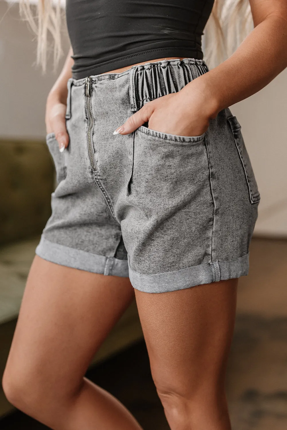 Grey Zipped Light Wash Cuffed Edge Denim Shorts sold by Beagle Boutique product image thumbnail 2