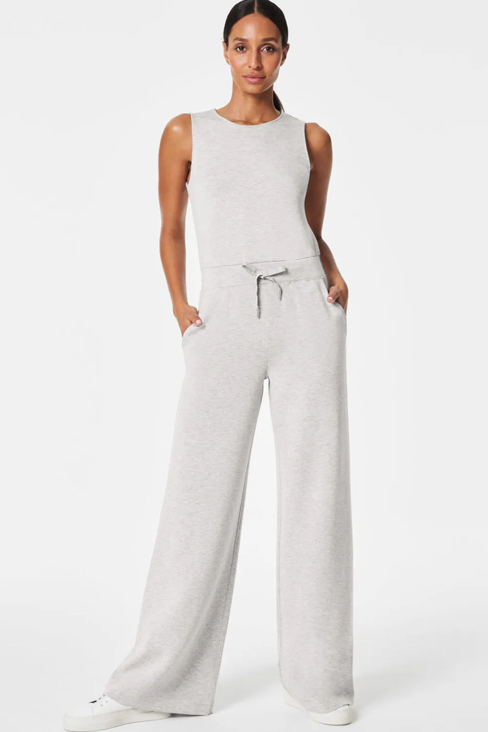 Light Grey Solid Colour Crew Neck Drawstring High Waist Sleeveless Jumpsuit sold by Beagle Boutique product image thumbnail 3