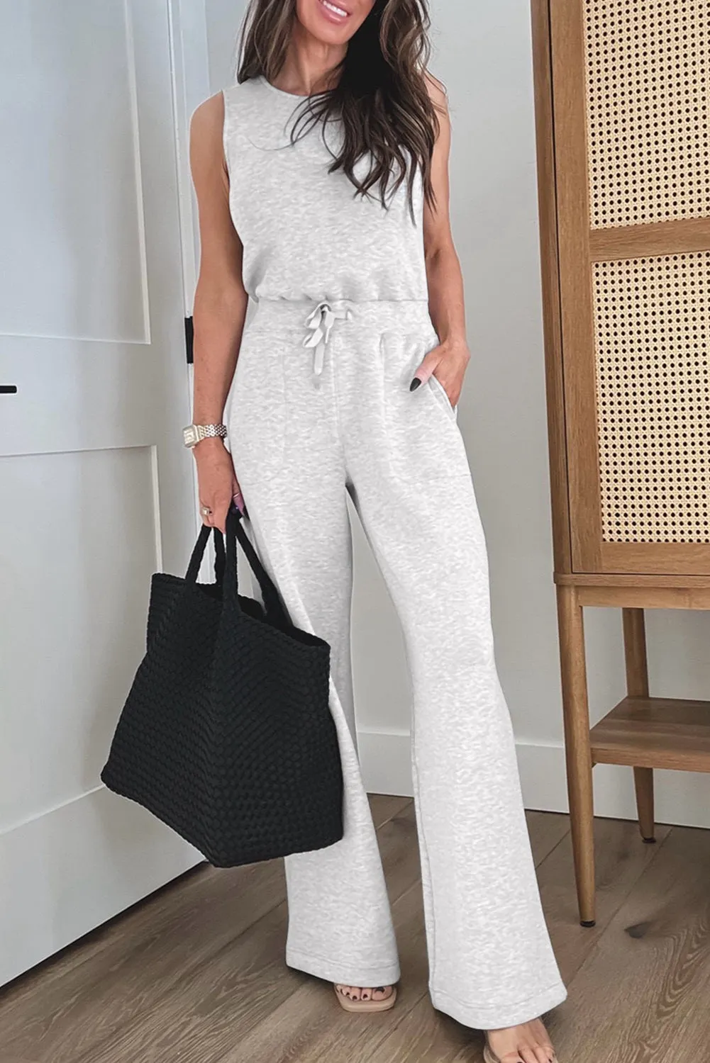 Light Grey Solid Colour Crew Neck Drawstring High Waist Sleeveless Jumpsuit sold by Beagle Boutique