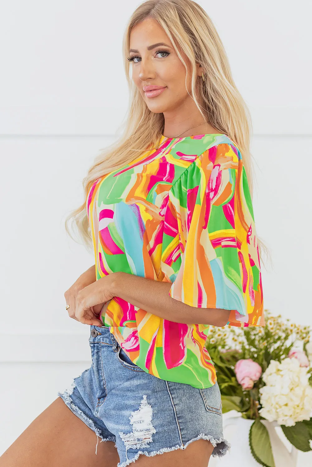 Multicolour Abstract Print Keyhole Back Pleated Half Sleeve Blouse sold by Beagle Boutique product image thumbnail 3