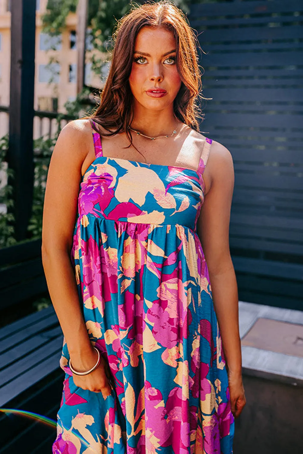 Dark Blue Floral High Waist Sleeveless Flared Long Dress sold by Beagle Boutique product image thumbnail 5