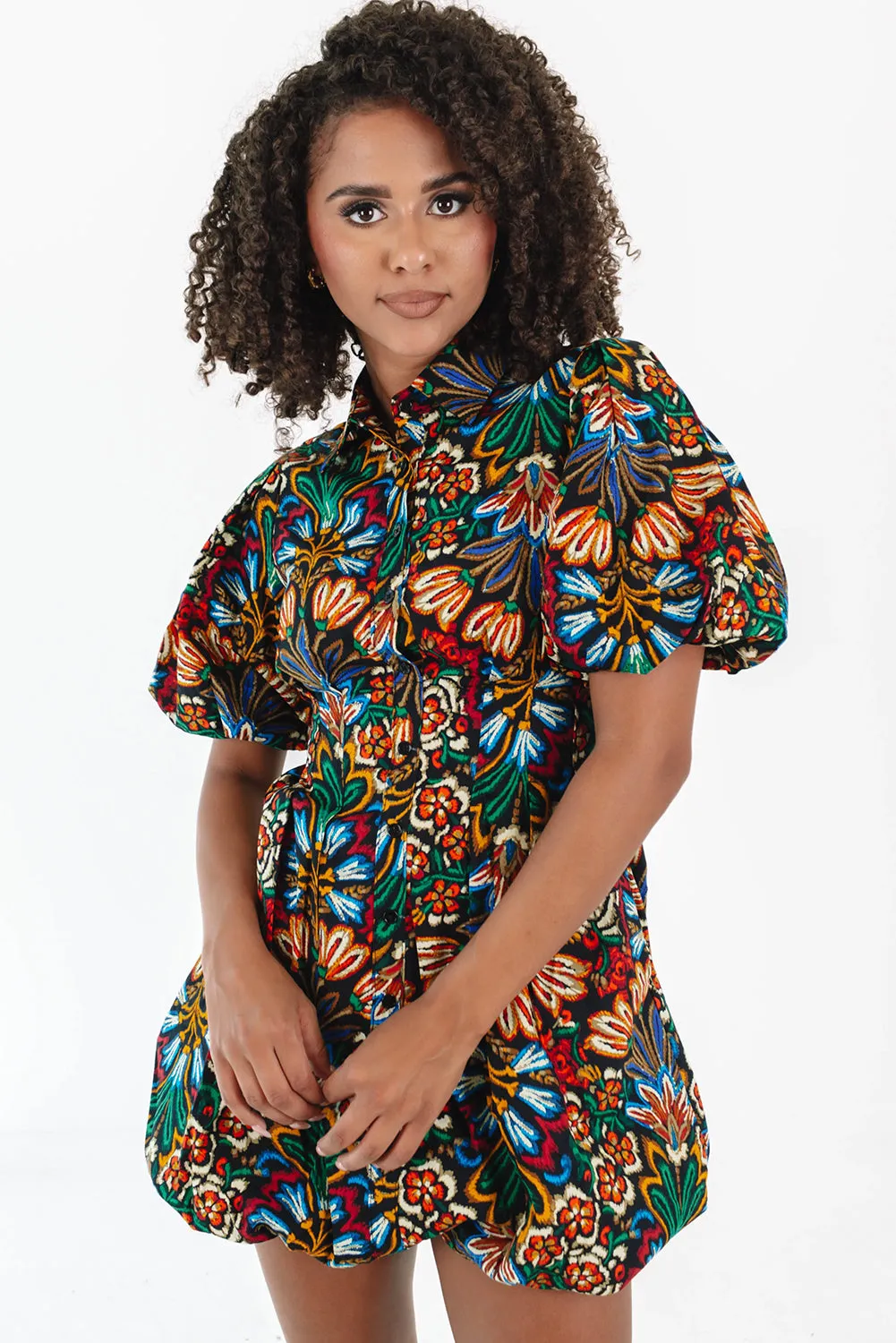 Multicolour Floral Puff Short Sleeve Shirt Mini Dress sold by Beagle Boutique product image thumbnail 3