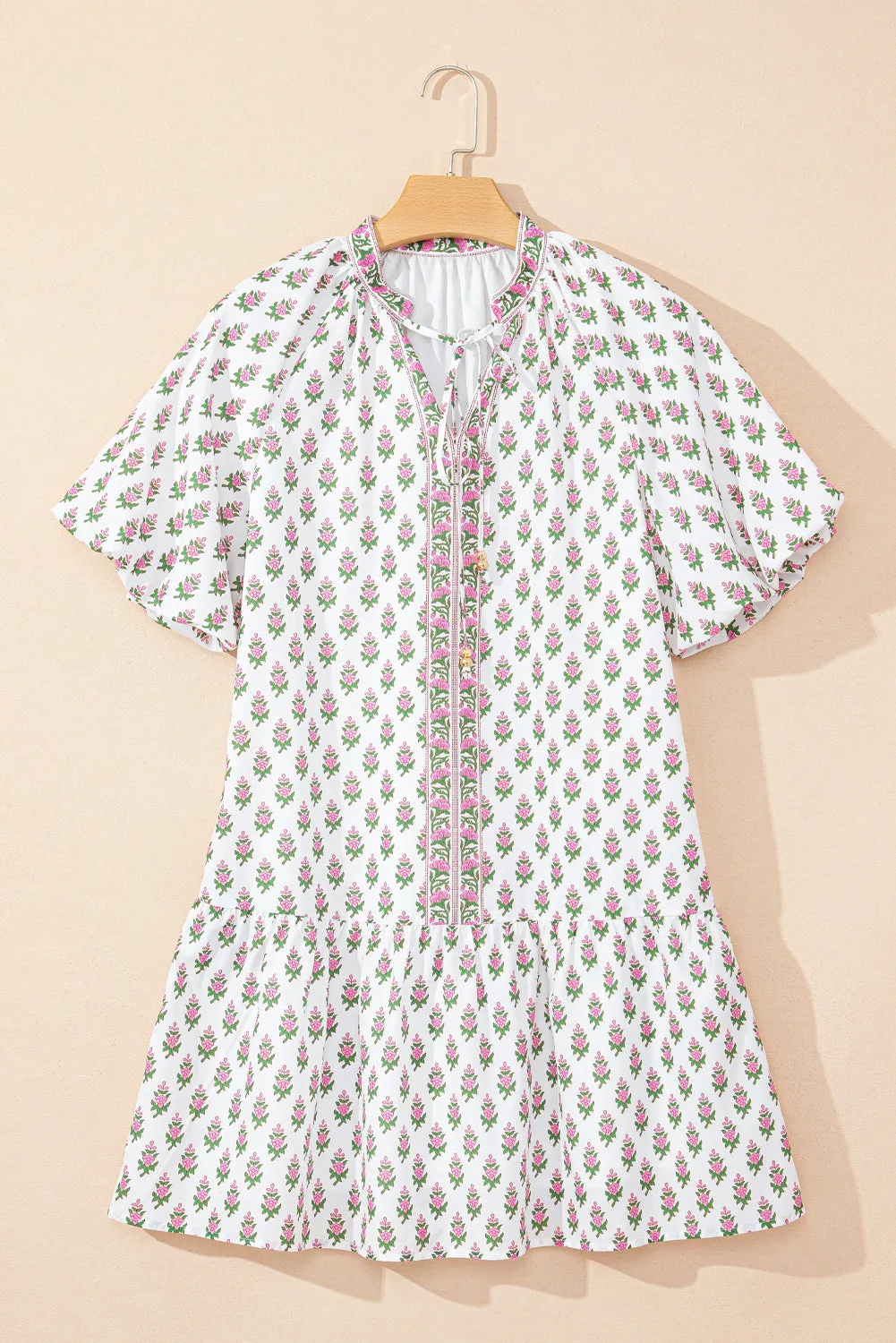 Pink Floral Print Bubble Sleeve Neck Tie Ruffled Dress sold by Beagle Boutique product image thumbnail 4