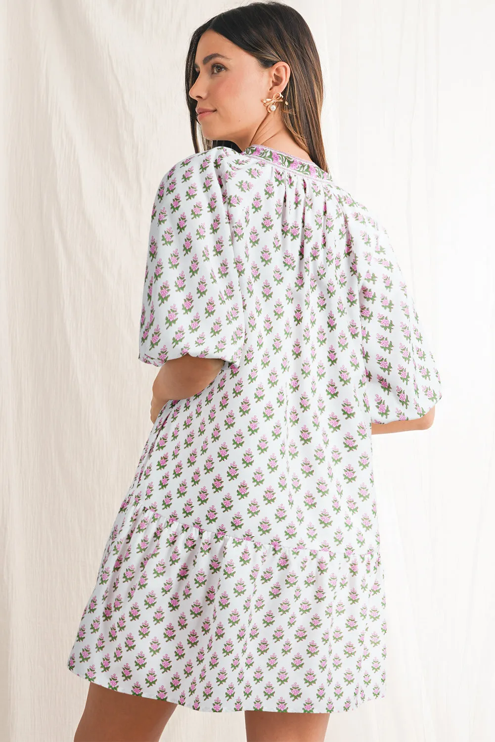 Pink Floral Print Bubble Sleeve Neck Tie Ruffled Dress sold by Beagle Boutique product image thumbnail 2