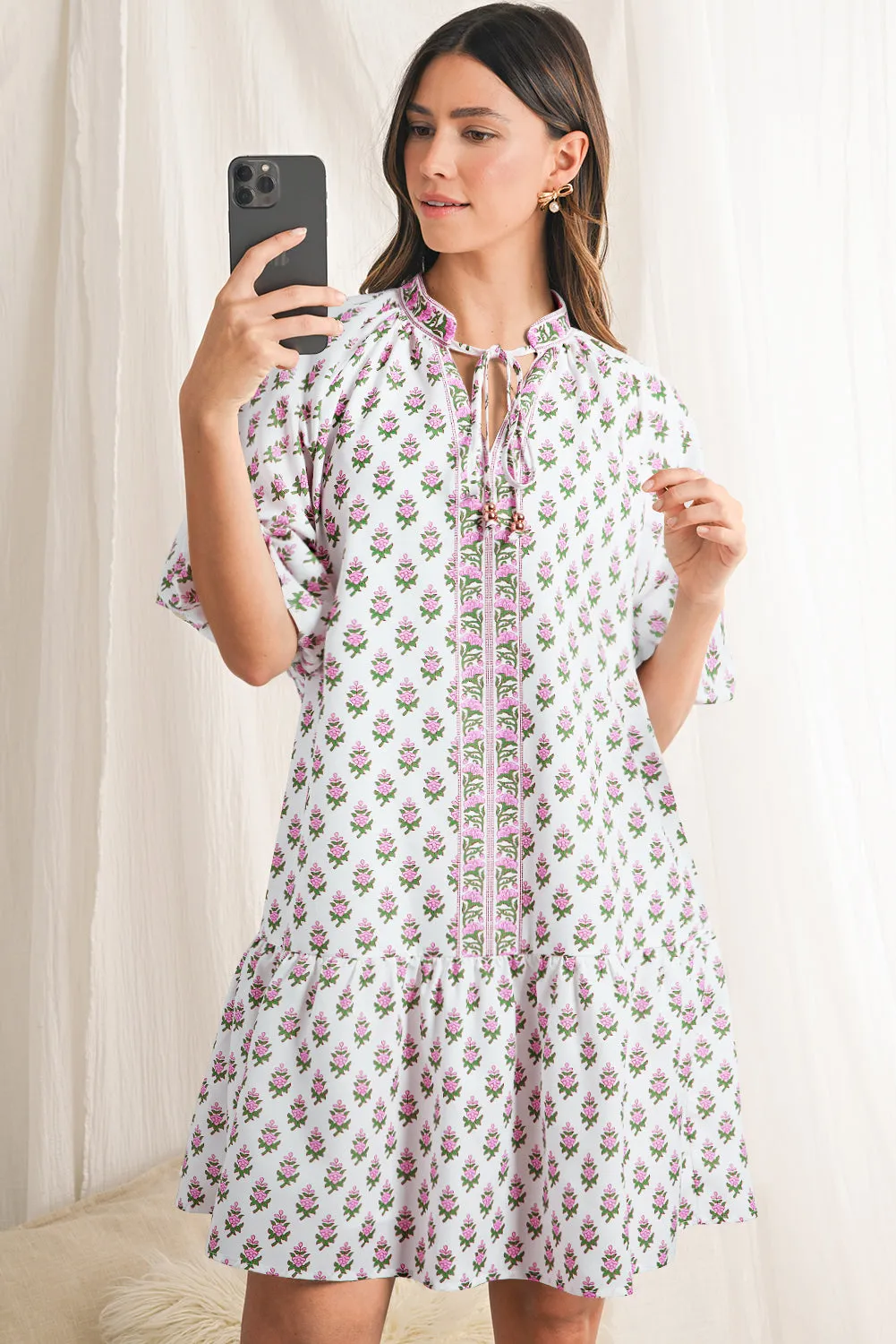 Pink Floral Print Bubble Sleeve Neck Tie Ruffled Dress sold by Beagle Boutique product image thumbnail 3