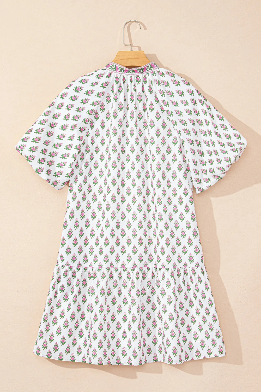 Pink Floral Print Bubble Sleeve Neck Tie Ruffled Dress sold by Beagle Boutique product image thumbnail 5