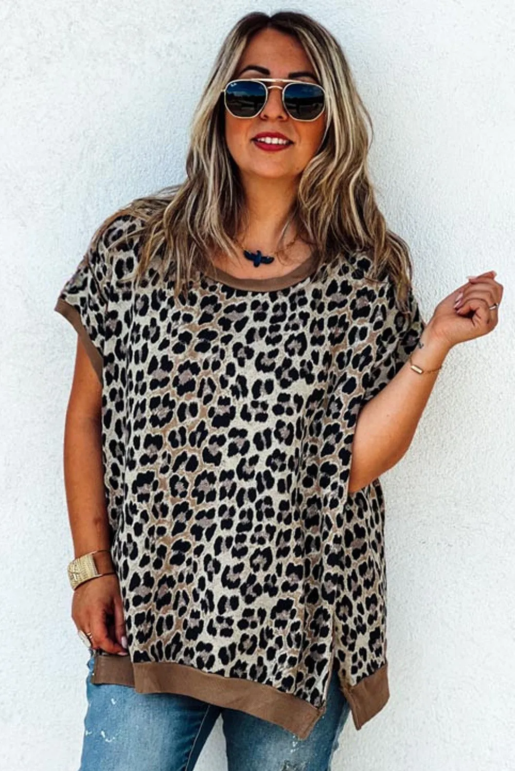 Khaki Leopard Contrast Trim Short Sleeve Loose Plus Size Top sold by Beagle Boutique product image thumbnail 3
