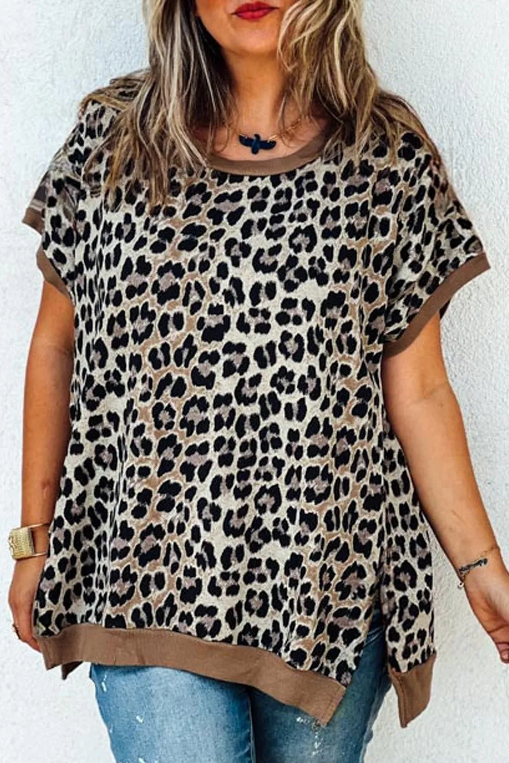 Khaki Leopard Contrast Trim Short Sleeve Loose Plus Size Top sold by Beagle Boutique