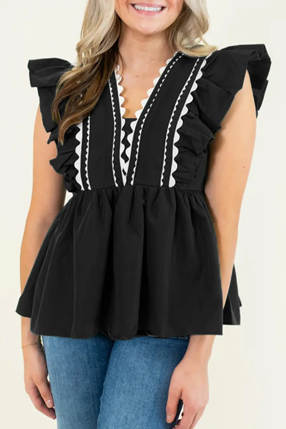 Black Contrast Ricrac Trim Ruffled V Neck Peplum Top sold by Beagle Boutique