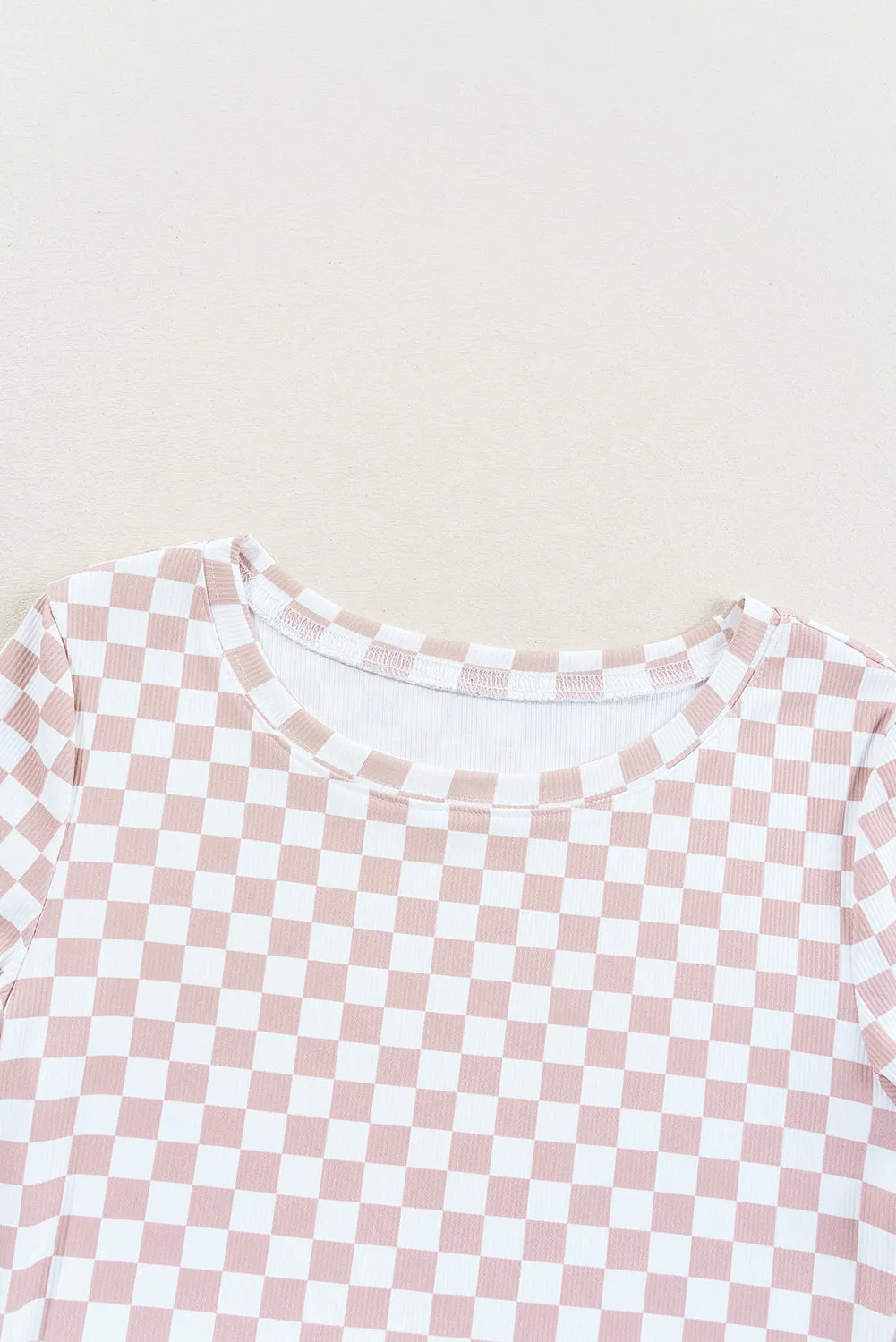 Pink Checkered Ribbed Slim Fit Crew Neck T Shirt sold by Beagle Boutique product image thumbnail 5