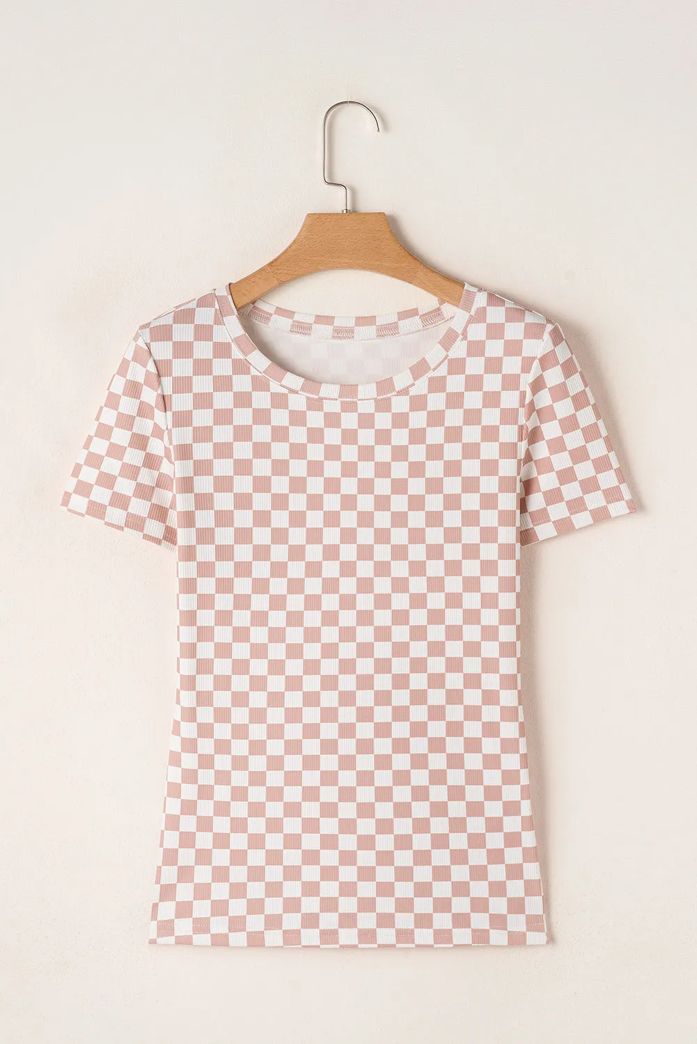 Pink Checkered Ribbed Slim Fit Crew Neck T Shirt sold by Beagle Boutique product image thumbnail 3