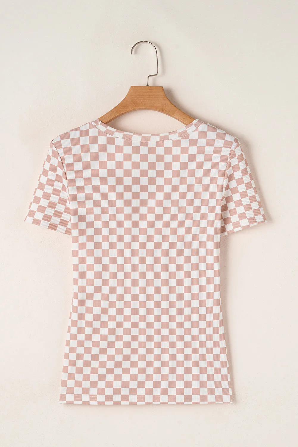 Pink Checkered Ribbed Slim Fit Crew Neck T Shirt sold by Beagle Boutique product image thumbnail 4