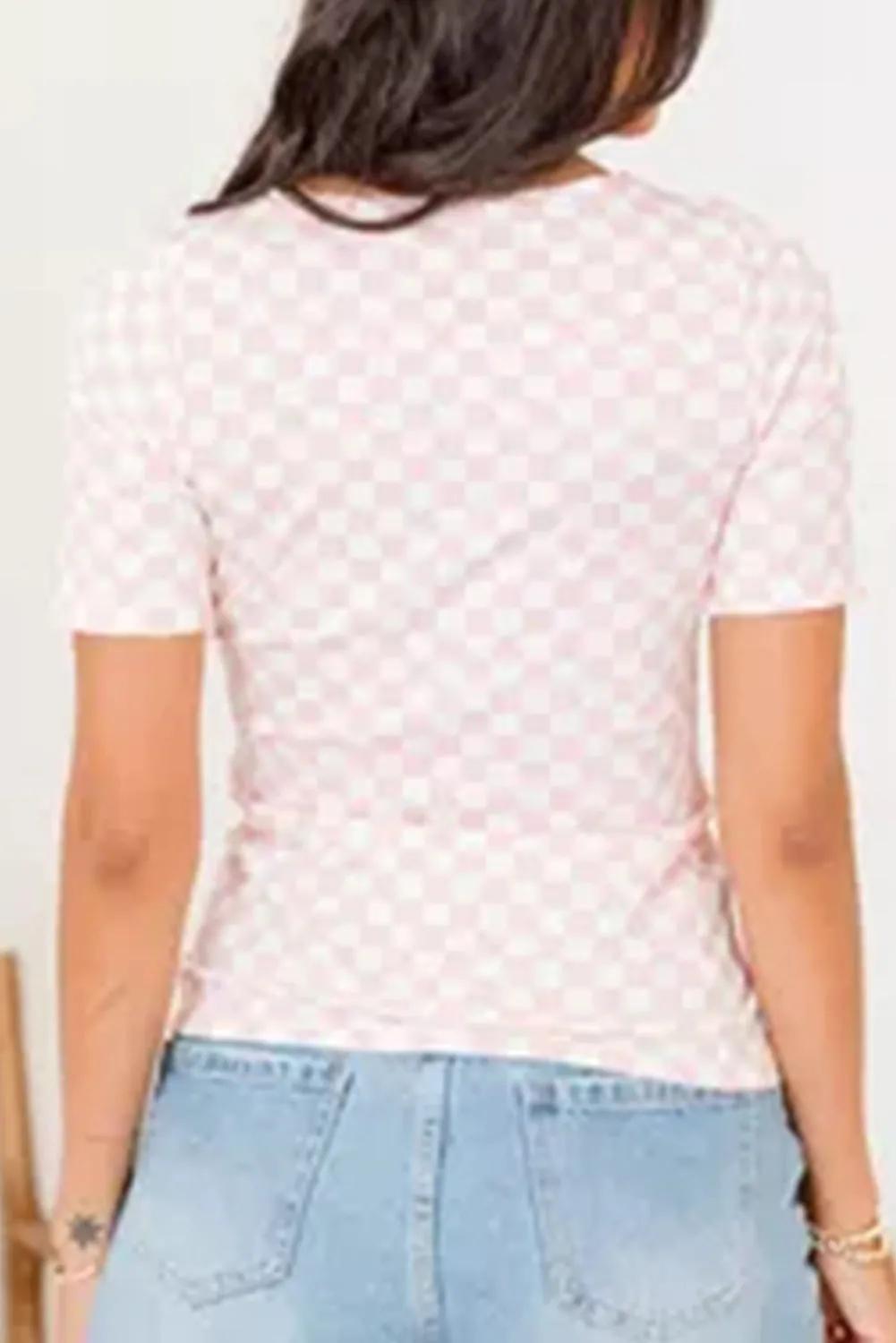 Pink Checkered Ribbed Slim Fit Crew Neck T Shirt sold by Beagle Boutique product image thumbnail 2