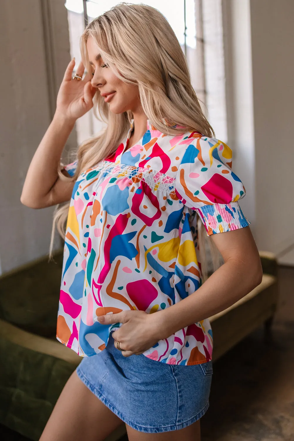 Multicolour Abstract Print Lace Detail Shirred Short Sleeve Split Neck Blouse sold by Beagle Boutique product image thumbnail 3
