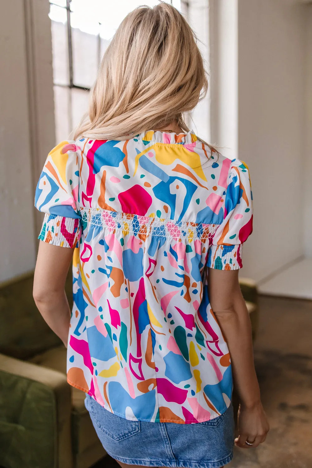 Multicolour Abstract Print Lace Detail Shirred Short Sleeve Split Neck Blouse sold by Beagle Boutique product image thumbnail 2