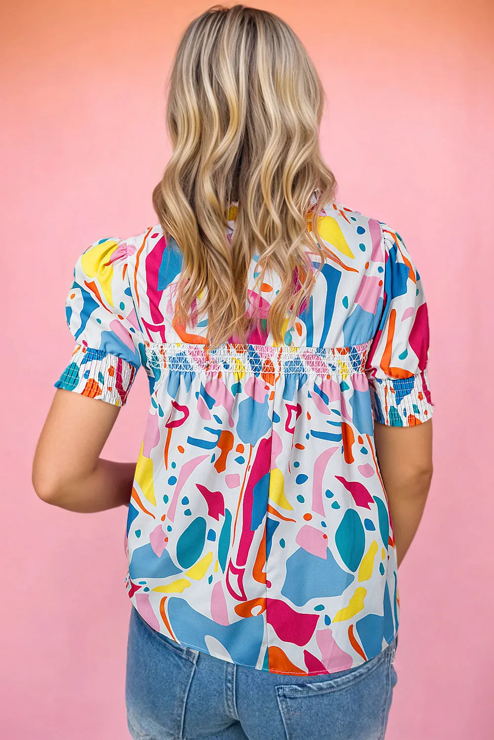 Multicolour Abstract Print Lace Detail Shirred Short Sleeve Split Neck Blouse sold by Beagle Boutique product image thumbnail 5