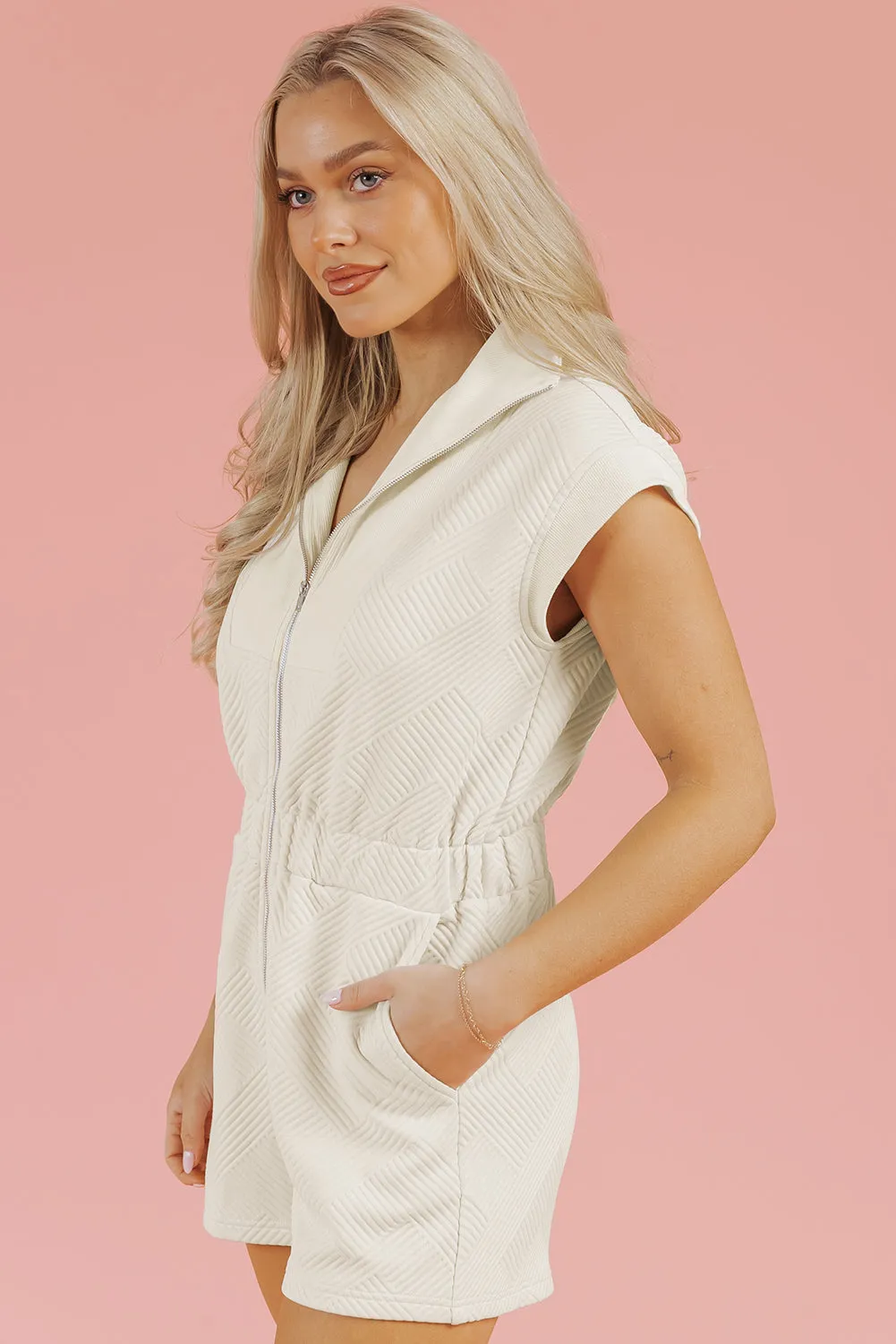 Jet Stream Textured Zipped Front V Neck Collared Casual Romper sold by Beagle Boutique product image thumbnail 3