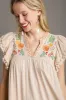 Jet Stream Linen Embroidery Split Neck Pom Pom Ruffle Sleeves Flowy Short Dress sold by Beagle Boutique
