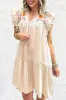 Jet Stream Linen Embroidery Split Neck Pom Pom Ruffle Sleeves Flowy Short Dress sold by Beagle Boutique