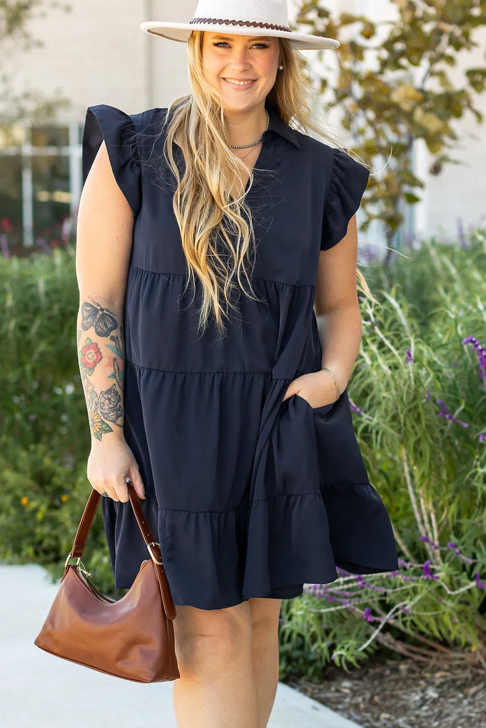 Navy Blue Collared V Neck Flutter Sleeve Tiered Plus Size Dress sold by Beagle Boutique product image thumbnail 4
