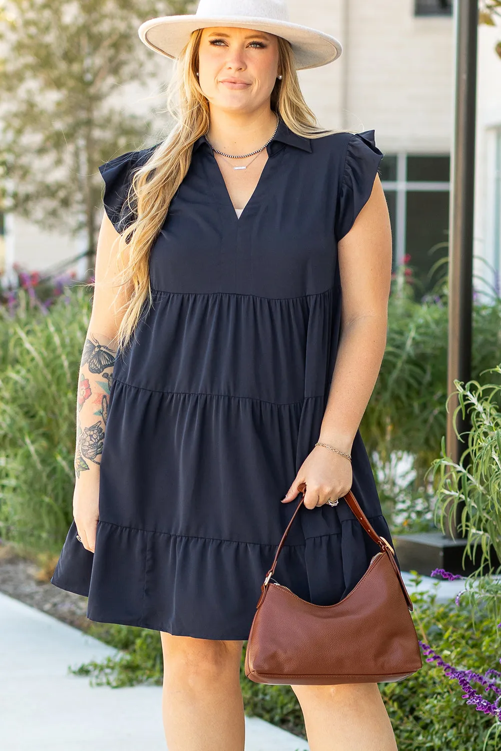 Navy Blue Collared V Neck Flutter Sleeve Tiered Plus Size Dress sold by Beagle Boutique product image thumbnail 5
