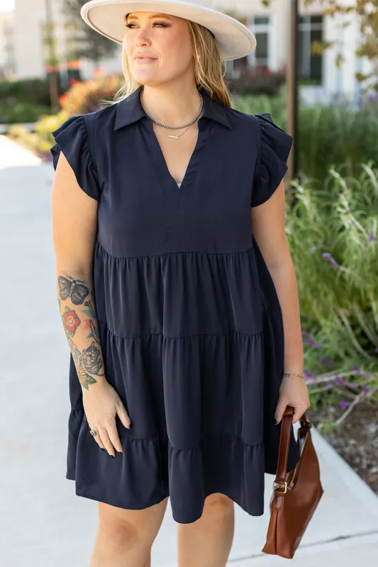 Navy Blue Collared V Neck Flutter Sleeve Tiered Plus Size Dress made by Beagle Boutique