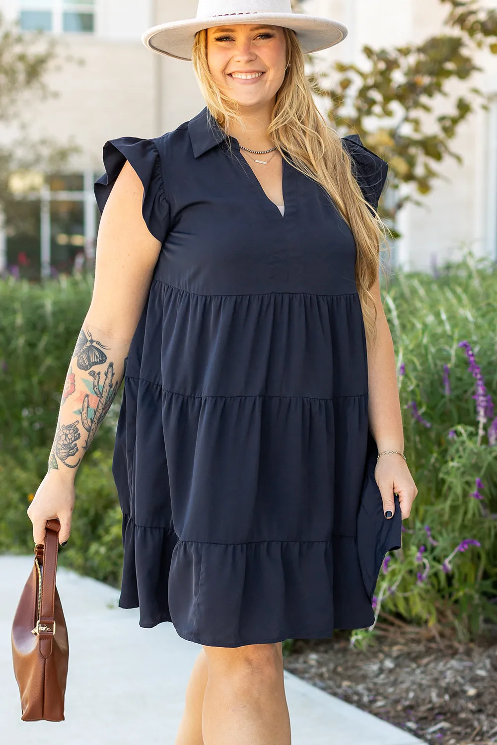 Navy Blue Collared V Neck Flutter Sleeve Tiered Plus Size Dress sold by Beagle Boutique product image thumbnail 3