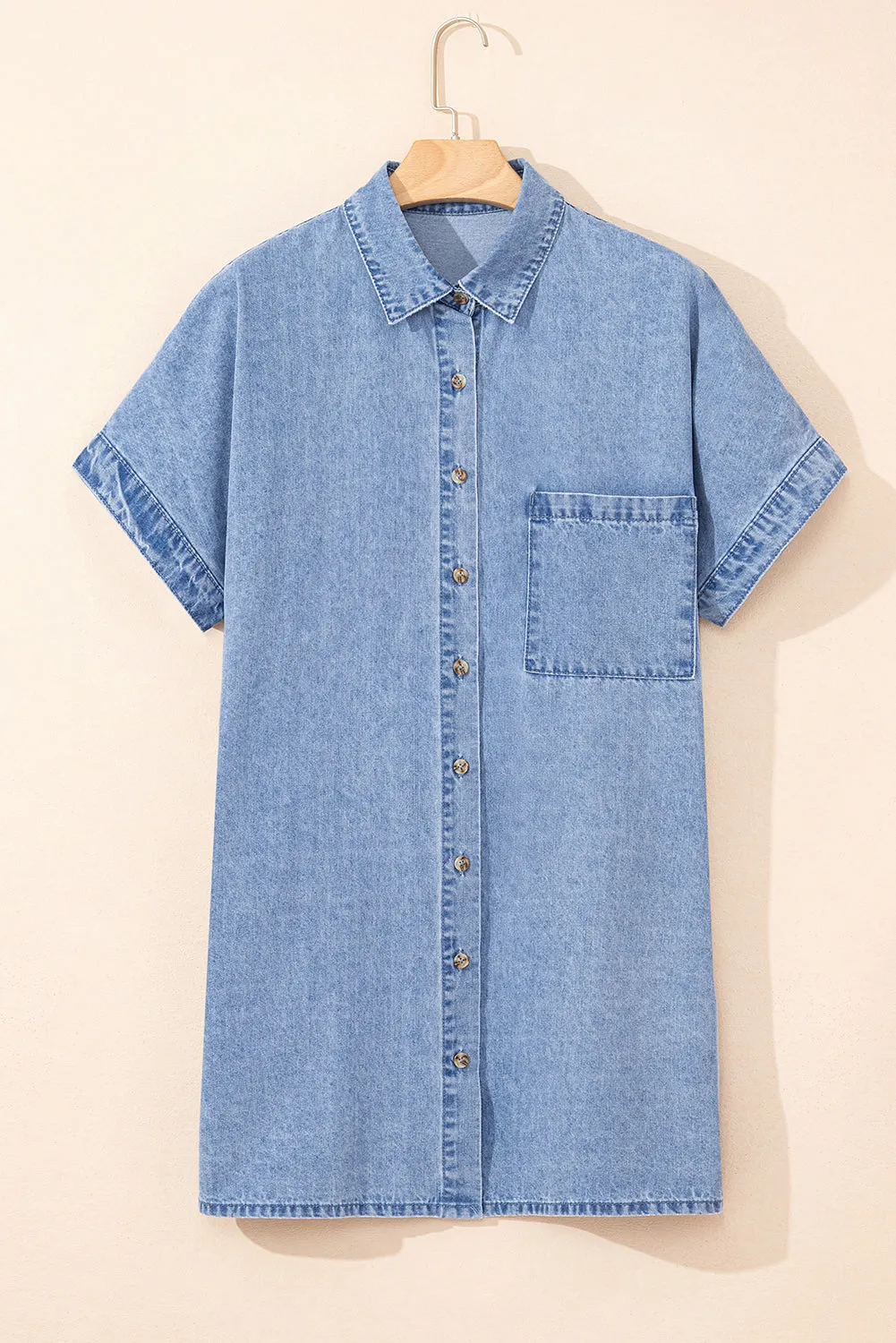 Dusk Blue Short Sleeve Pocketed Button up Denim Tunic Dress sold by Beagle Boutique product image thumbnail 4