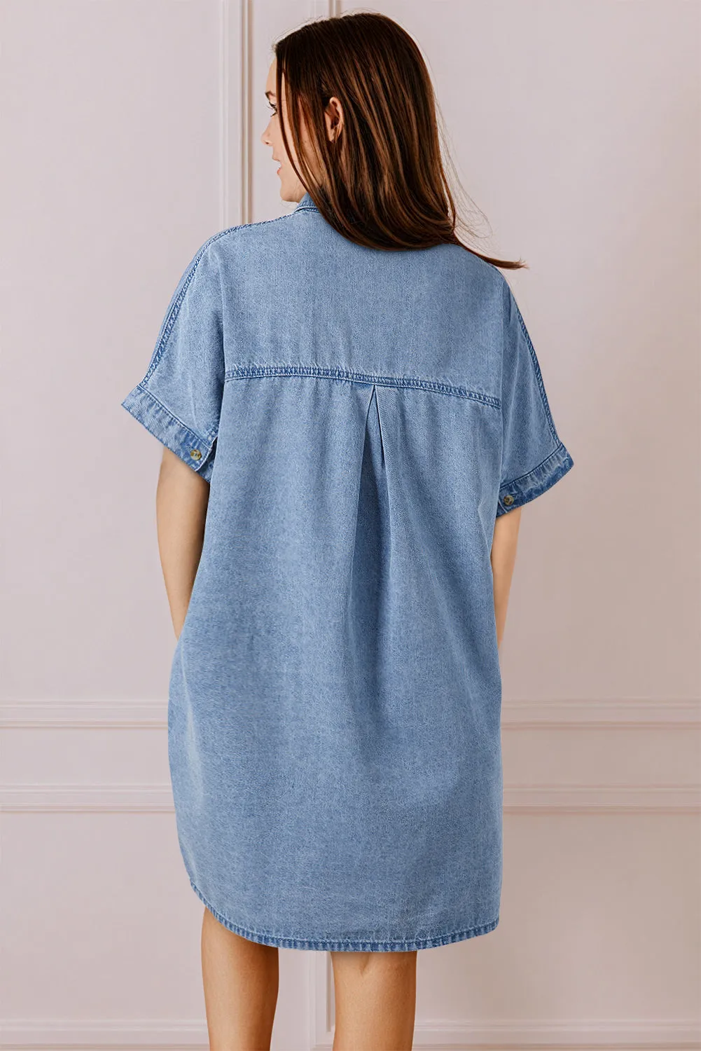 Dusk Blue Short Sleeve Pocketed Button up Denim Tunic Dress sold by Beagle Boutique product image thumbnail 2