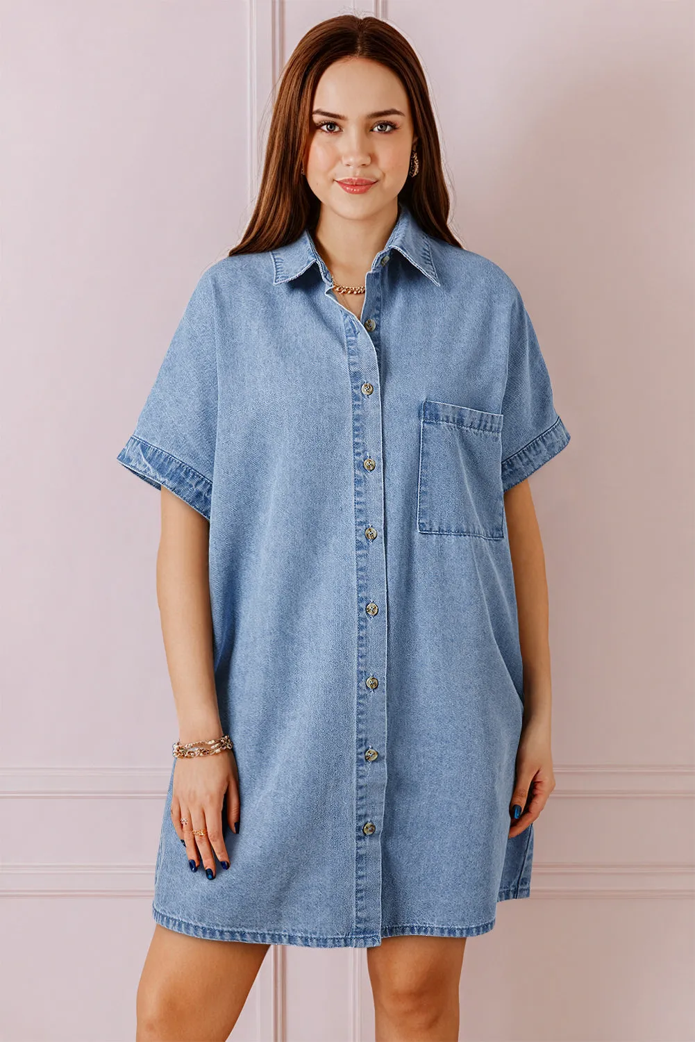 Dusk Blue Short Sleeve Pocketed Button up Denim Tunic Dress sold by Beagle Boutique product image thumbnail 3