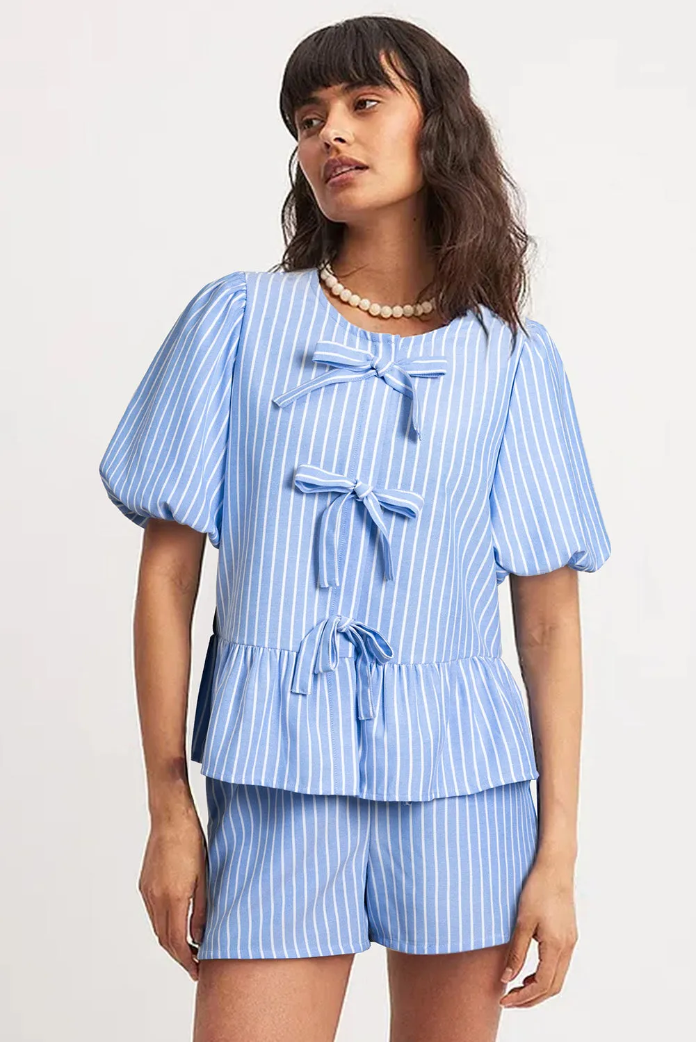 Sky Blue Striped Bowknot Detail Puffy Sleeve Top and Shorts 2Pcs Set sold by Beagle Boutique product image thumbnail 3