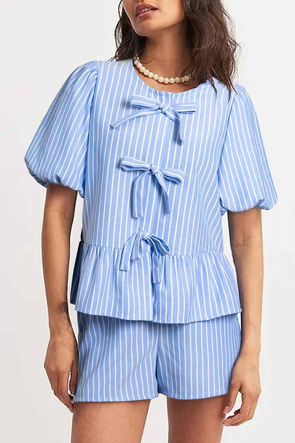 Sky Blue Striped Bowknot Detail Puffy Sleeve Top and Shorts 2Pcs Set sold by Beagle Boutique