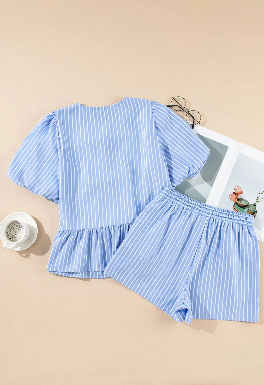 Sky Blue Striped Bowknot Detail Puffy Sleeve Top and Shorts 2Pcs Set sold by Beagle Boutique product image thumbnail 5