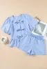 Sky Blue Striped Bowknot Detail Puffy Sleeve Top and Shorts 2Pcs Set sold by Beagle Boutique
